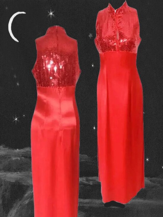 Zum Zum Dresses & Skirts - Red Satin Cheongsam Gown With Sequins Sassy Sexy Vintage ZumZum